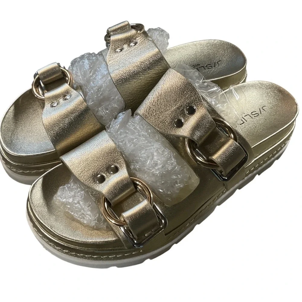 J/Slides Leather Platform Sandals Womens 8 Metallic Gold Buckle Slides